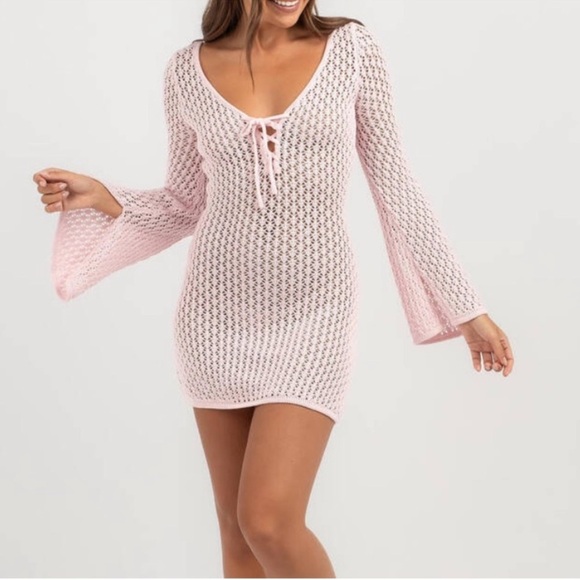 Light Pink Long Sleeve Crochet Mini Dress size 6 - Picture 2 of 6